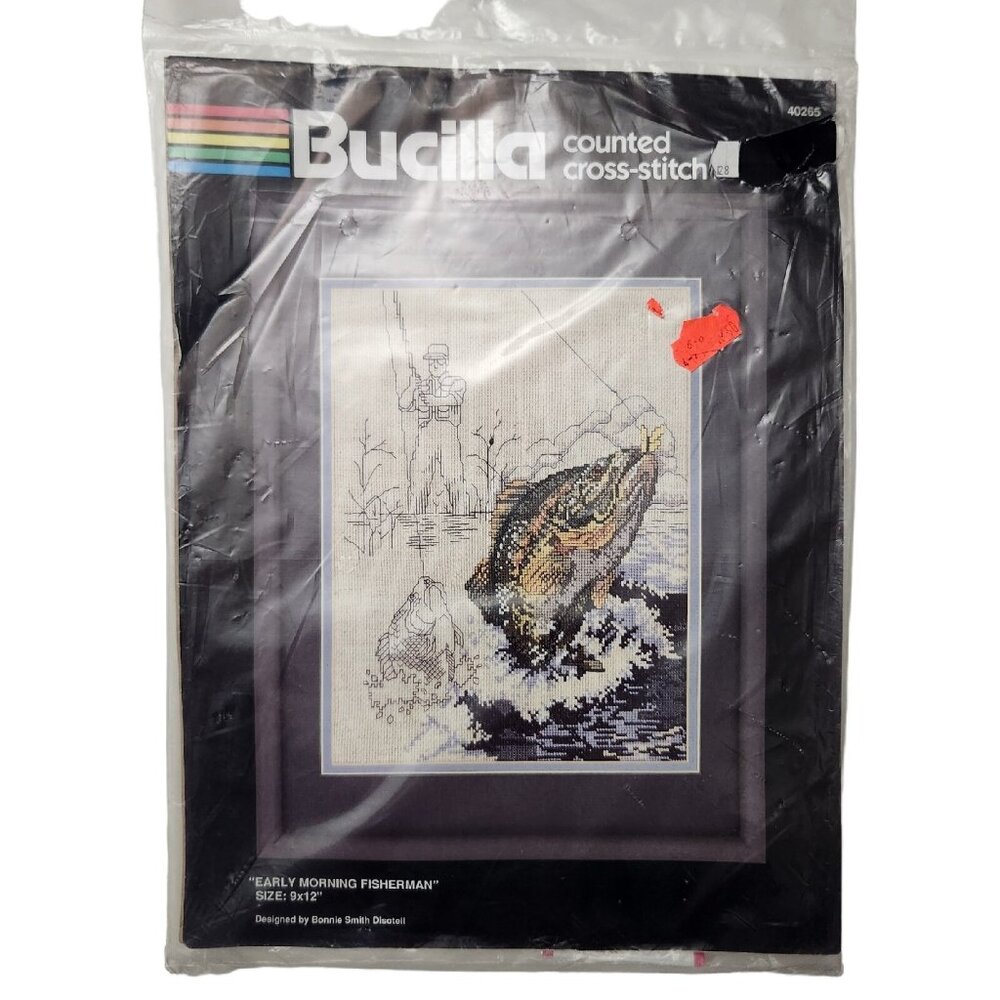 Vtg Bucilla Early Morning Fisherman Counted Cross Stitch Embroidery Kit # 40265